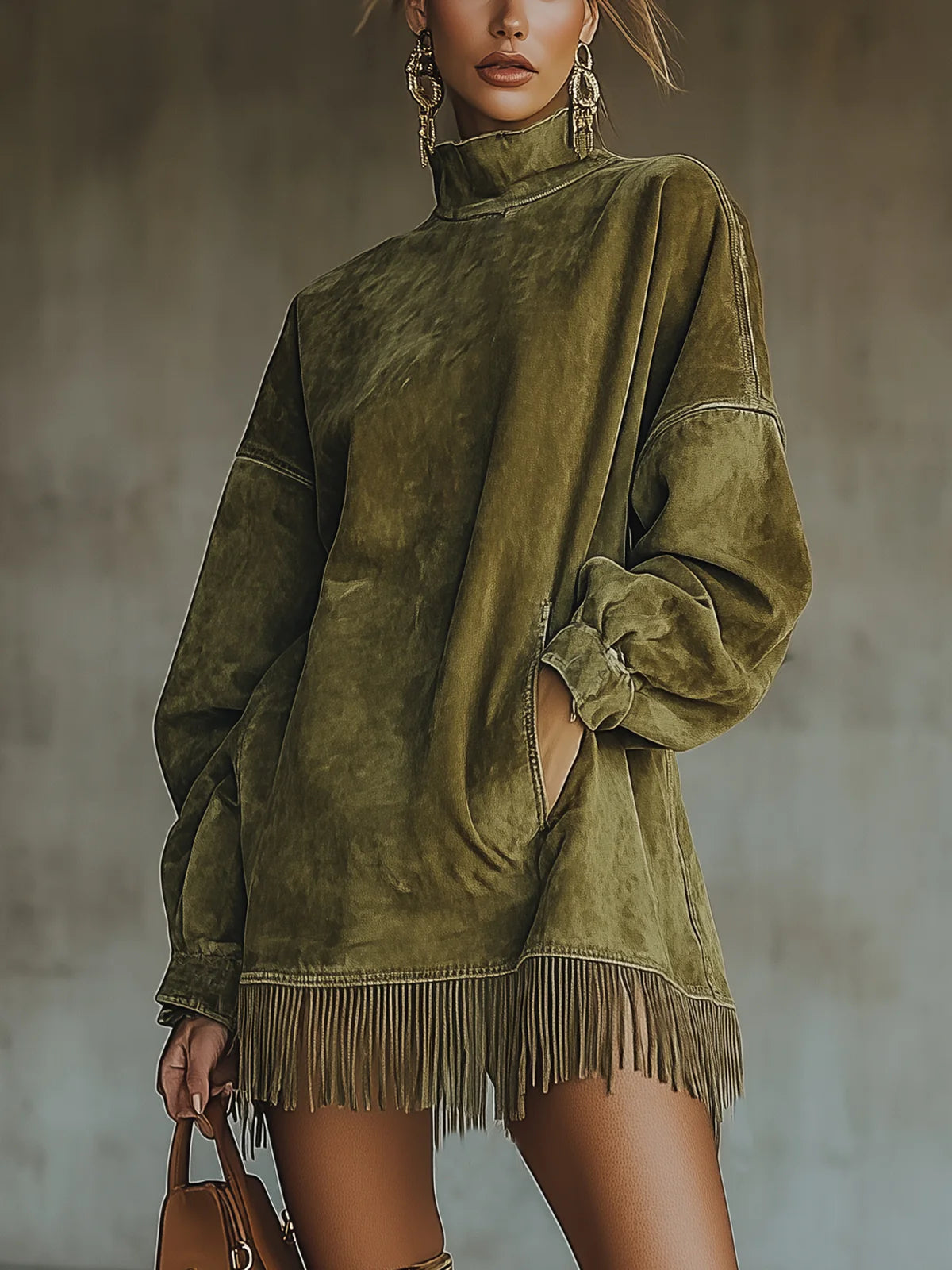 Gabrielle™ | Robe en Suède Col Haut à Franges